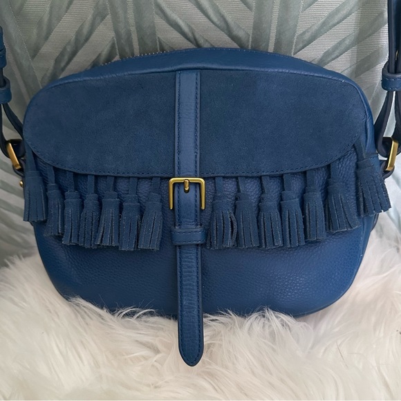 Fossil Kendall Blue Leather Tasseled Crossbody Boho Handbag - Picture 2 of 12